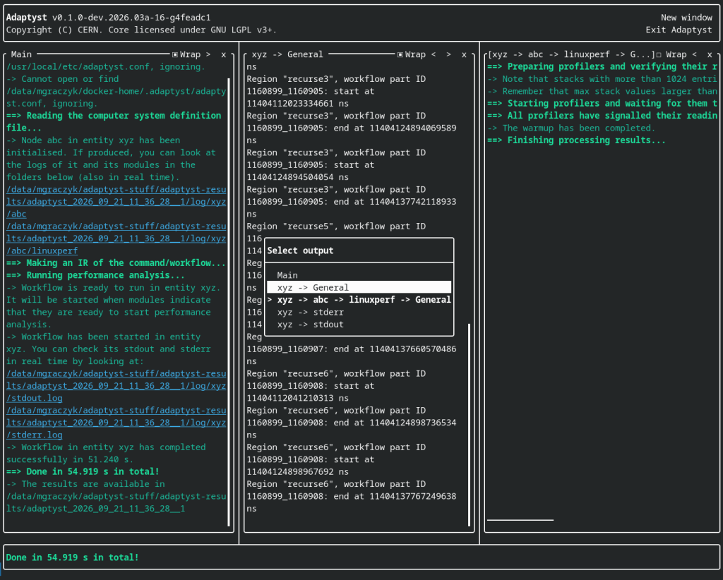 New terminal user interface in Adaptyst showing three windows: main, "xyz -> General", "xyz -> abc -> linuxperf -> General" along with the source selection dialog.